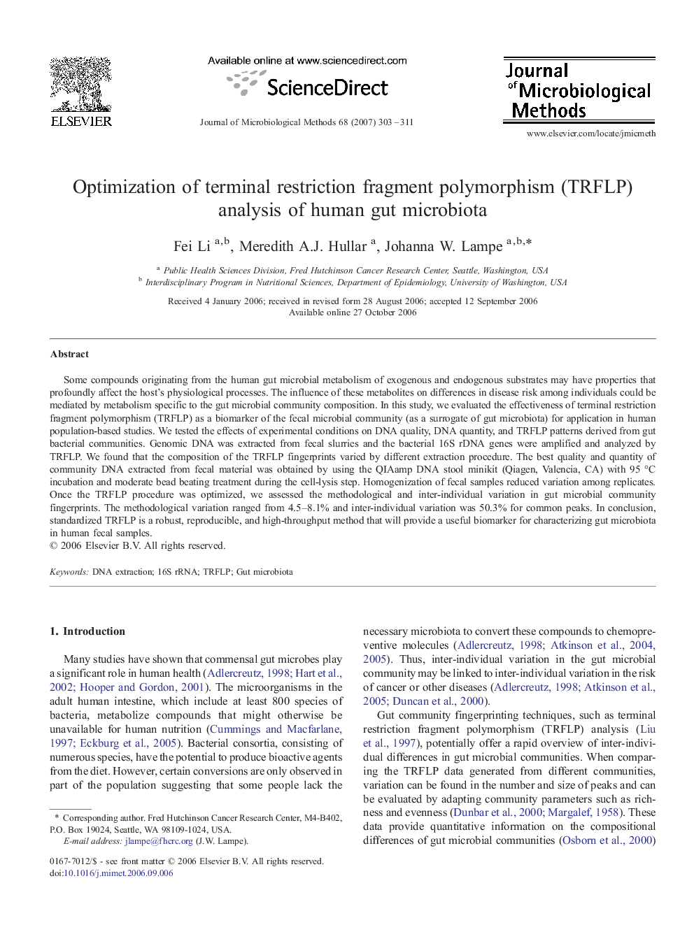 Optimization of terminal restriction fragment polymorphism (TRFLP) analysis of human gut microbiota