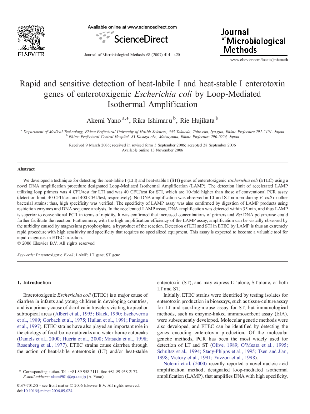 Rapid and sensitive detection of heat-labile I and heat-stable I enterotoxin genes of enterotoxigenic Escherichia coli by Loop-Mediated Isothermal Amplification