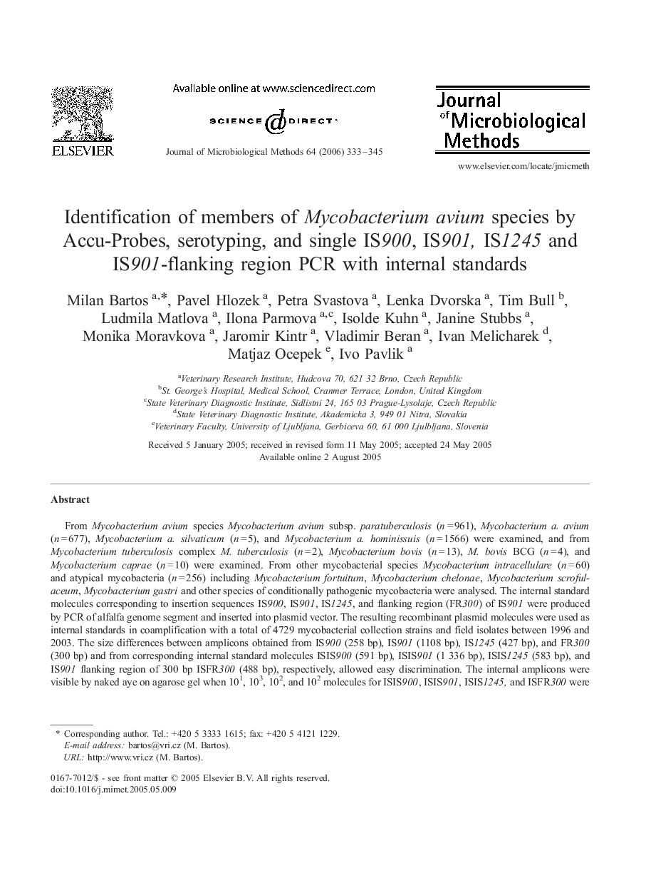 Identification of members of Mycobacterium avium species by Accu-Probes, serotyping, and single IS900, IS901, IS1245 and IS901-flanking region PCR with internal standards