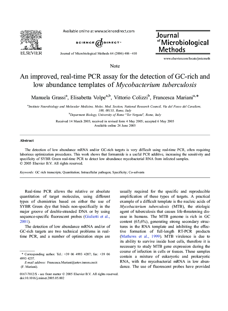 An improved, real-time PCR assay for the detection of GC-rich and low abundance templates of Mycobacterium tuberculosis