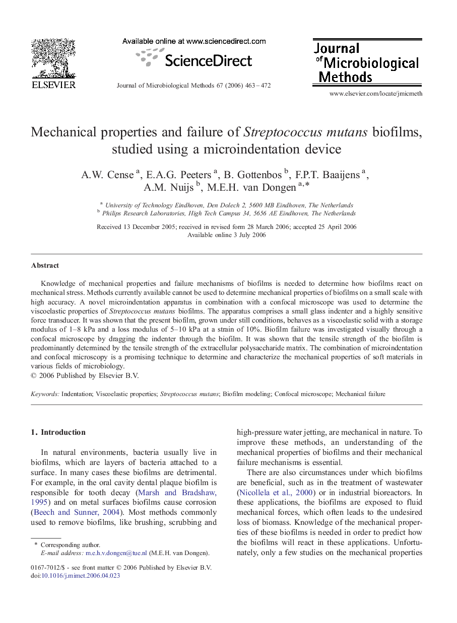 Mechanical properties and failure of Streptococcus mutans biofilms, studied using a microindentation device