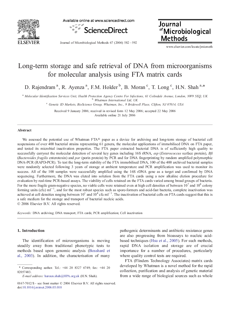 Long-term storage and safe retrieval of DNA from microorganisms for molecular analysis using FTA matrix cards