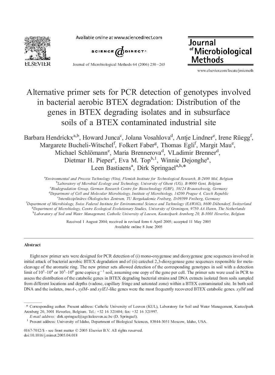 Alternative primer sets for PCR detection of genotypes involved in bacterial aerobic BTEX degradation: Distribution of the genes in BTEX degrading isolates and in subsurface soils of a BTEX contaminated industrial site