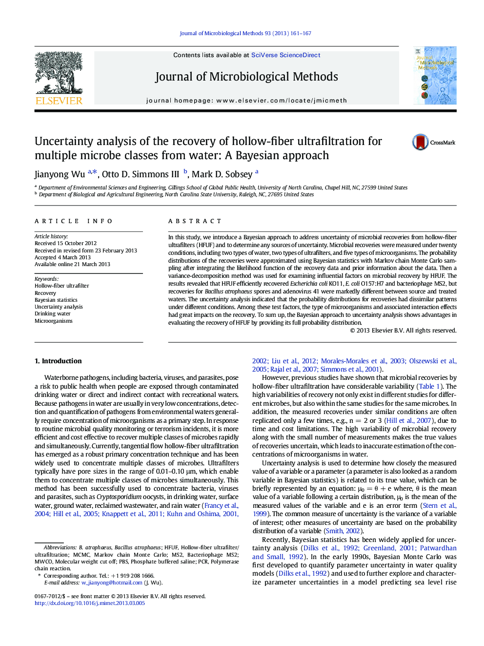 Uncertainty analysis of the recovery of hollow-fiber ultrafiltration for multiple microbe classes from water: A Bayesian approach