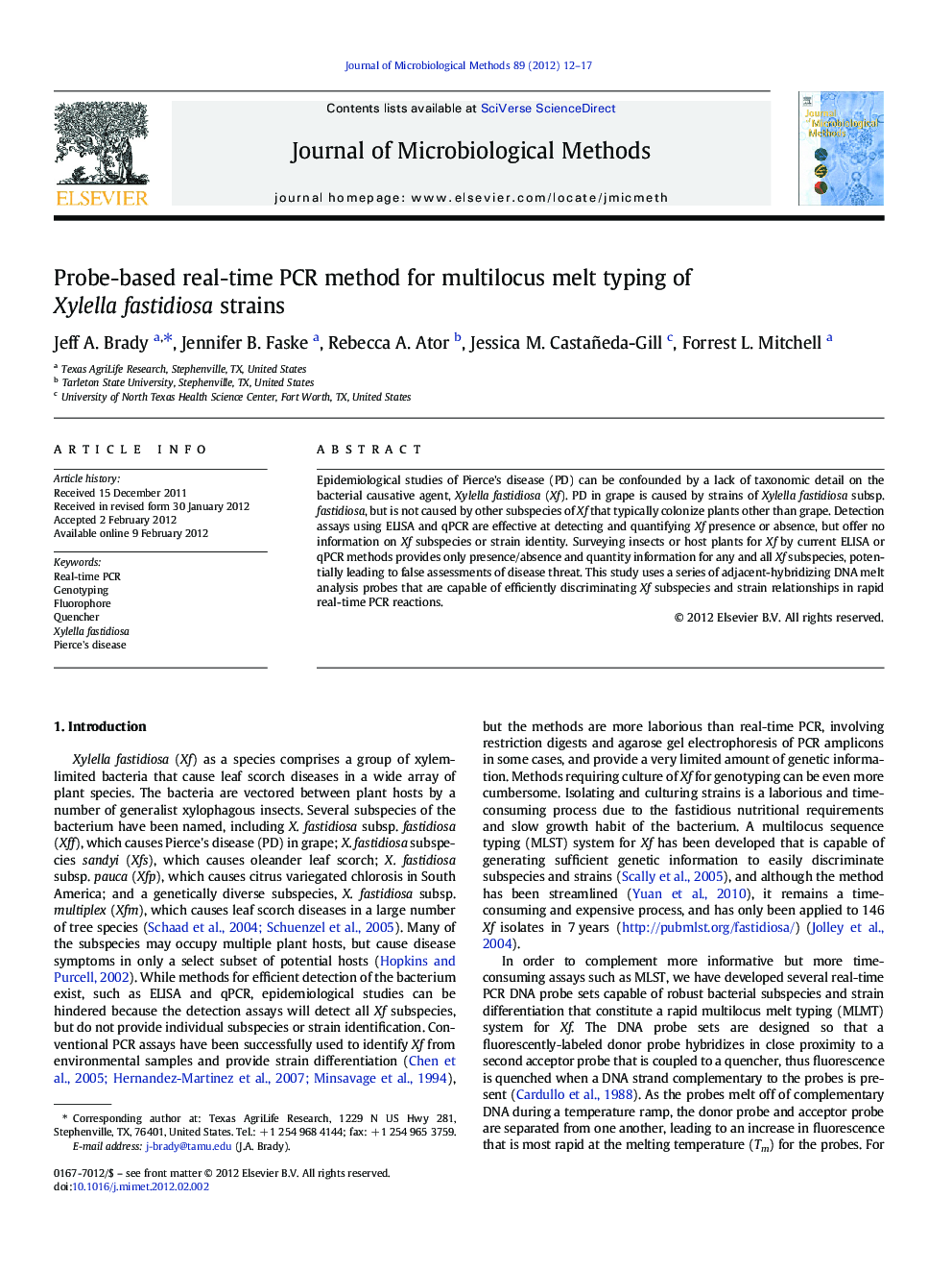 Probe-based real-time PCR method for multilocus melt typing of Xylella fastidiosa strains