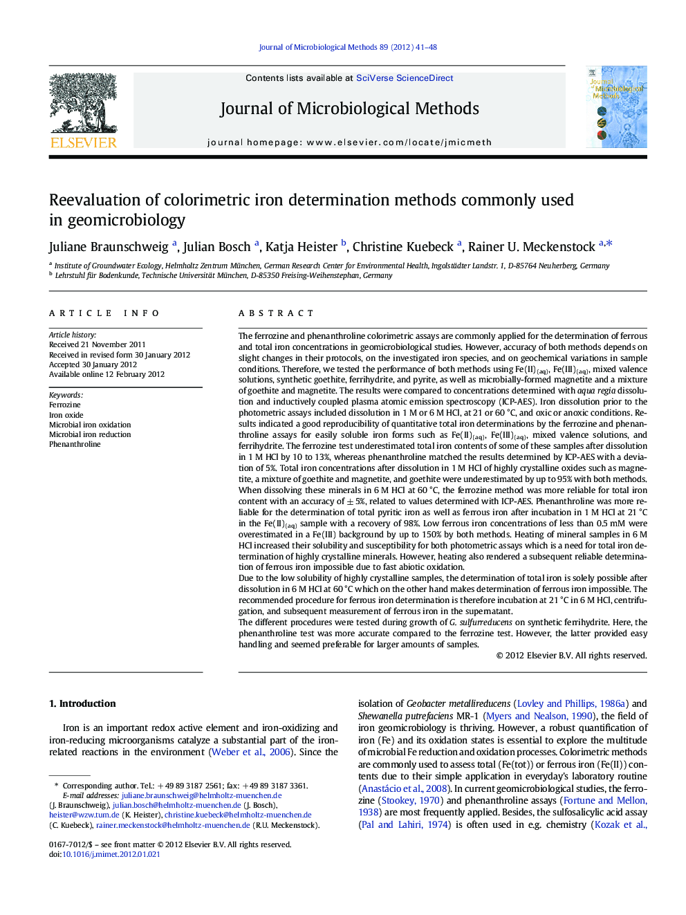 Reevaluation of colorimetric iron determination methods commonly used in geomicrobiology