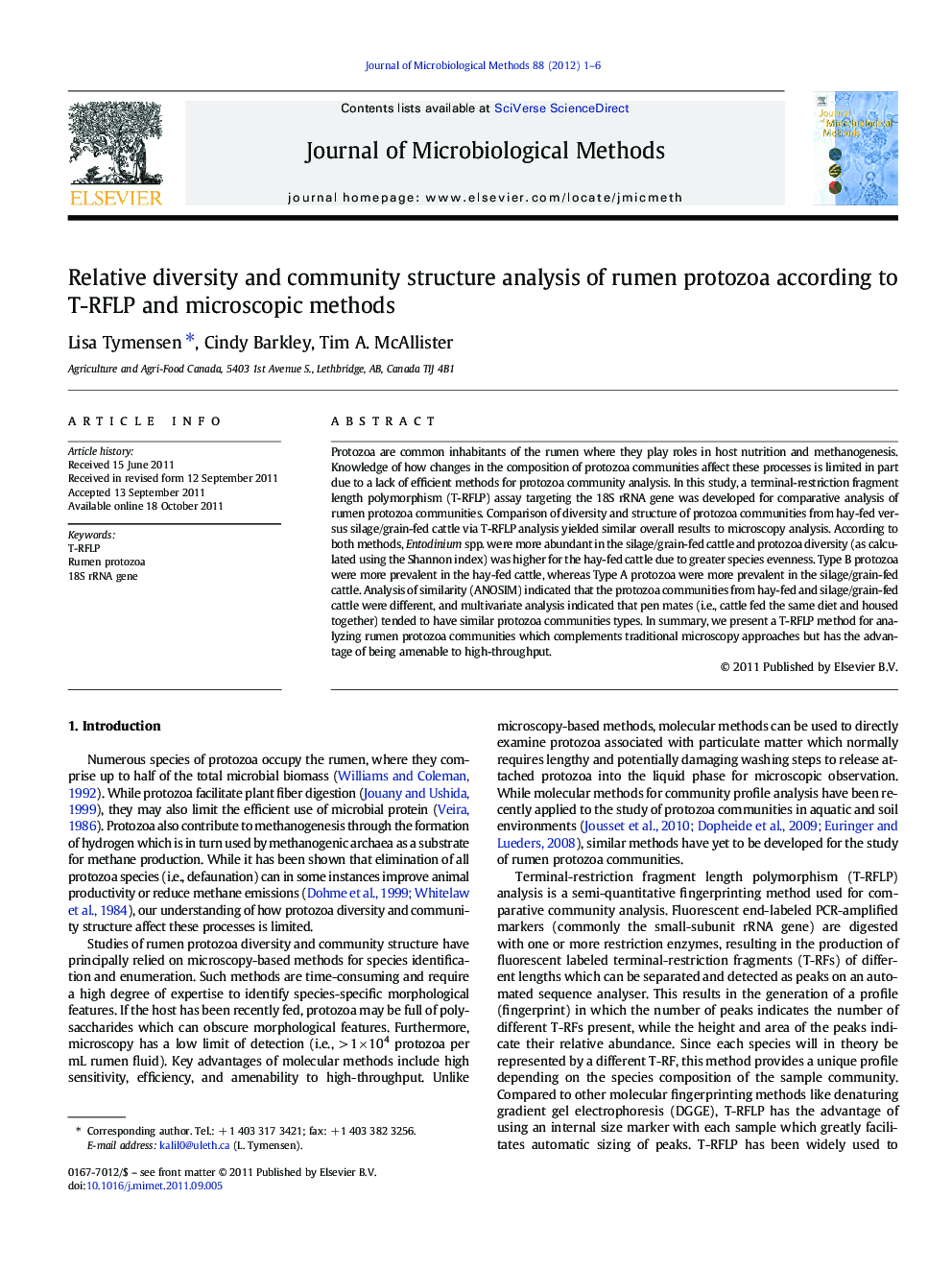 Relative diversity and community structure analysis of rumen protozoa according to T-RFLP and microscopic methods