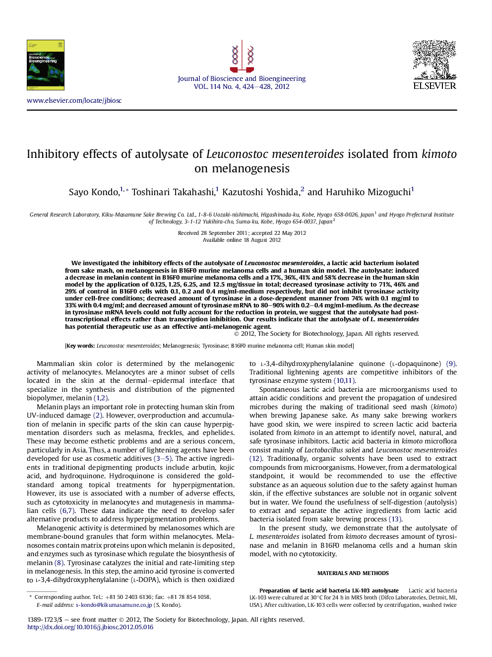 Inhibitory effects of autolysate of Leuconostoc mesenteroides isolated from kimoto on melanogenesis