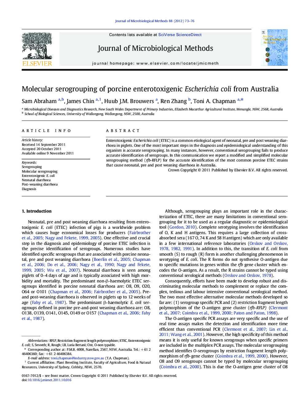 Molecular serogrouping of porcine enterotoxigenic Escherichia coli from Australia