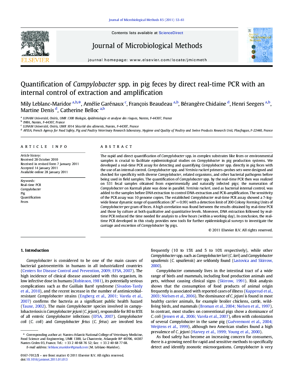 Quantification of Campylobacter spp. in pig feces by direct real-time PCR with an internal control of extraction and amplification