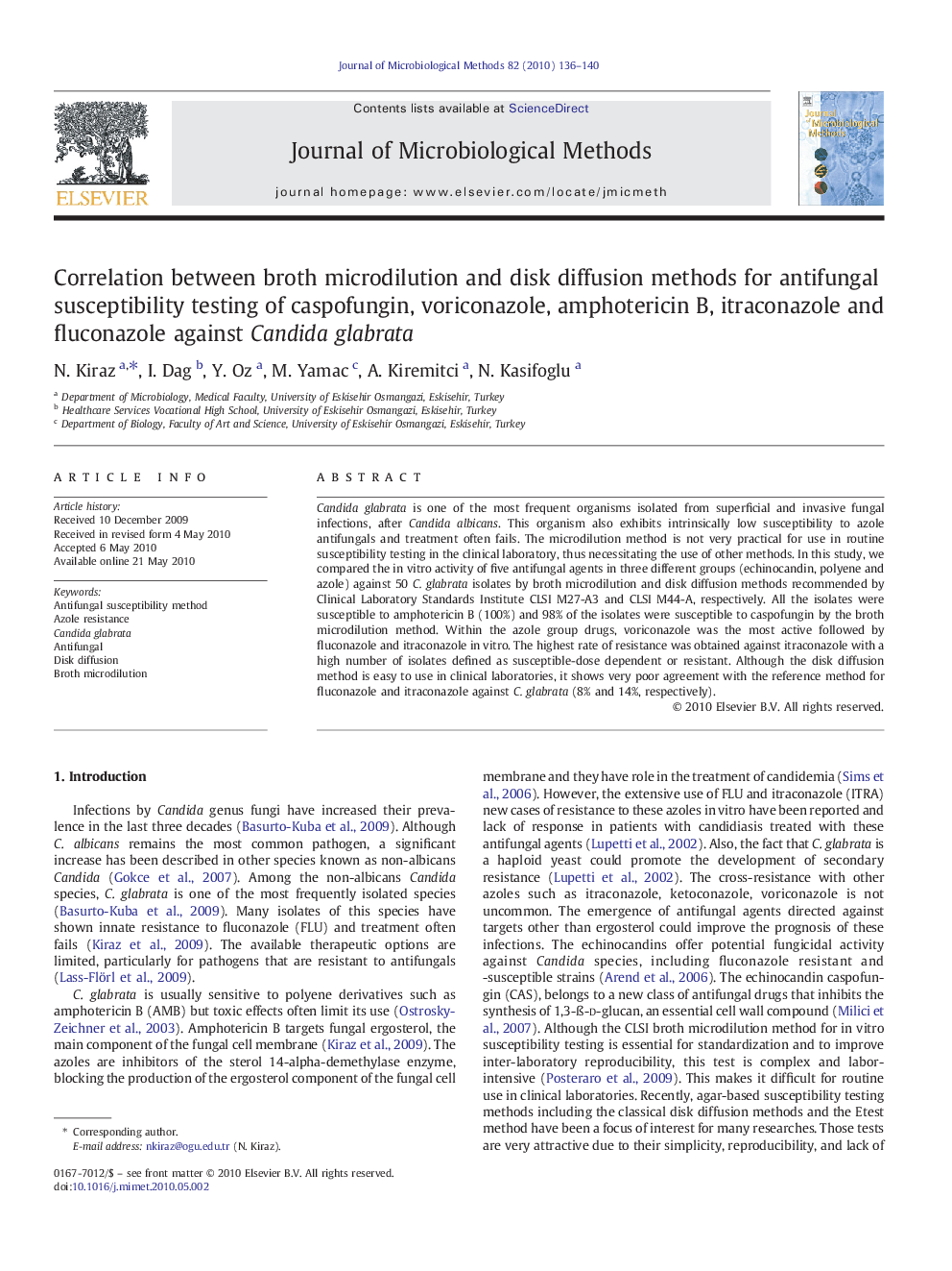 Correlation between broth microdilution and disk diffusion methods for antifungal susceptibility testing of caspofungin, voriconazole, amphotericin B, itraconazole and fluconazole against Candida glabrata