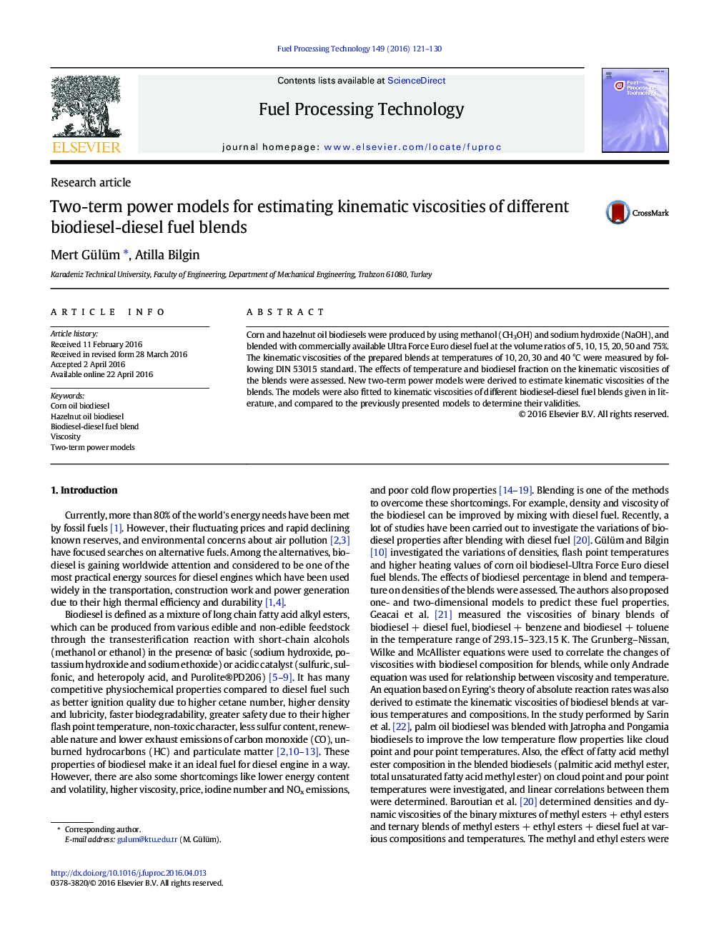 Two-term power models for estimating kinematic viscosities of different biodiesel-diesel fuel blends