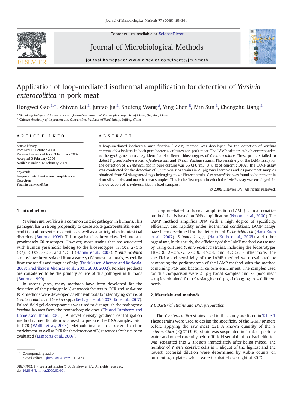 Application of loop-mediated isothermal amplification for detection of Yersinia enterocolitica in pork meat