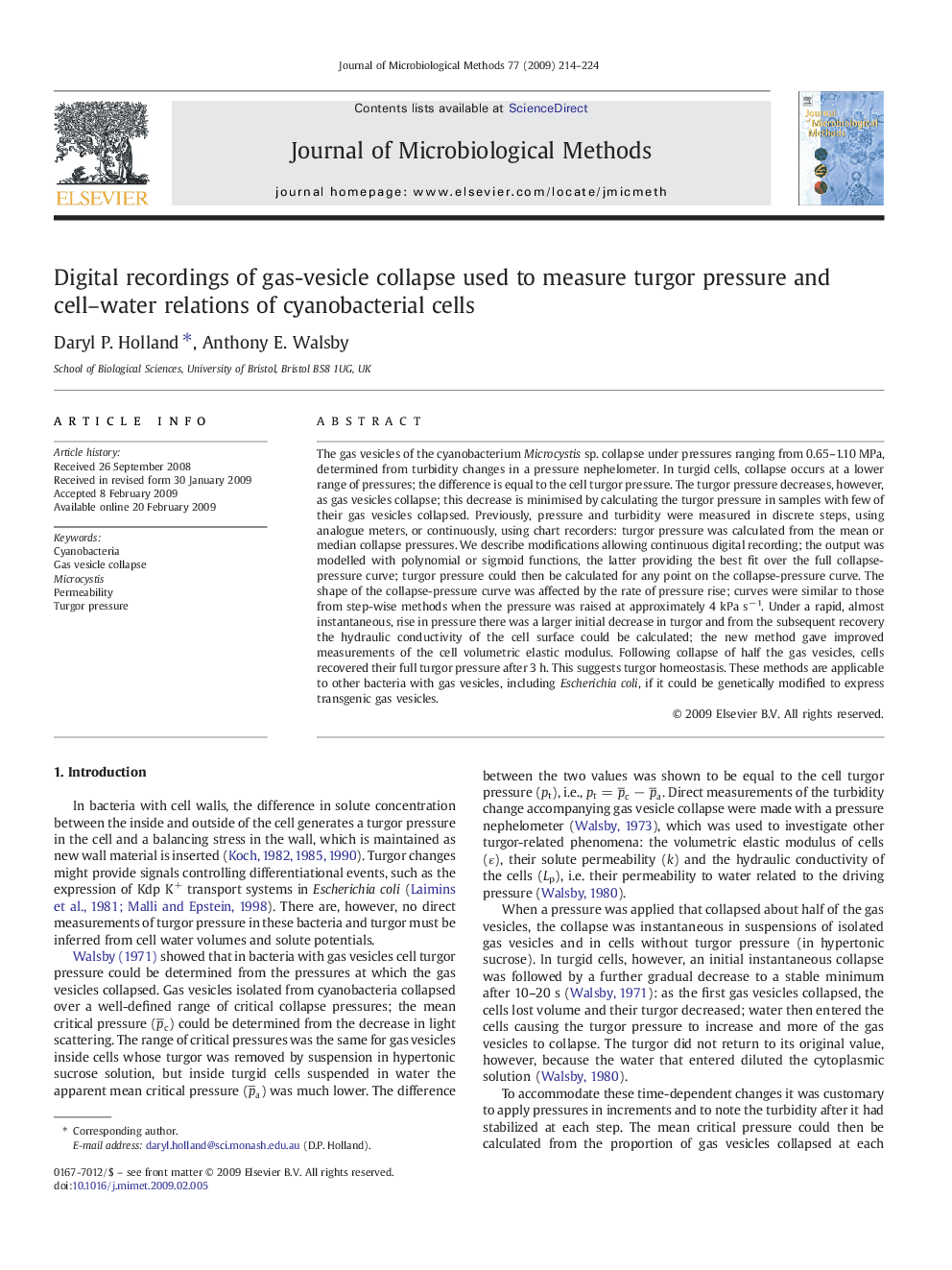 Digital recordings of gas-vesicle collapse used to measure turgor pressure and cell–water relations of cyanobacterial cells