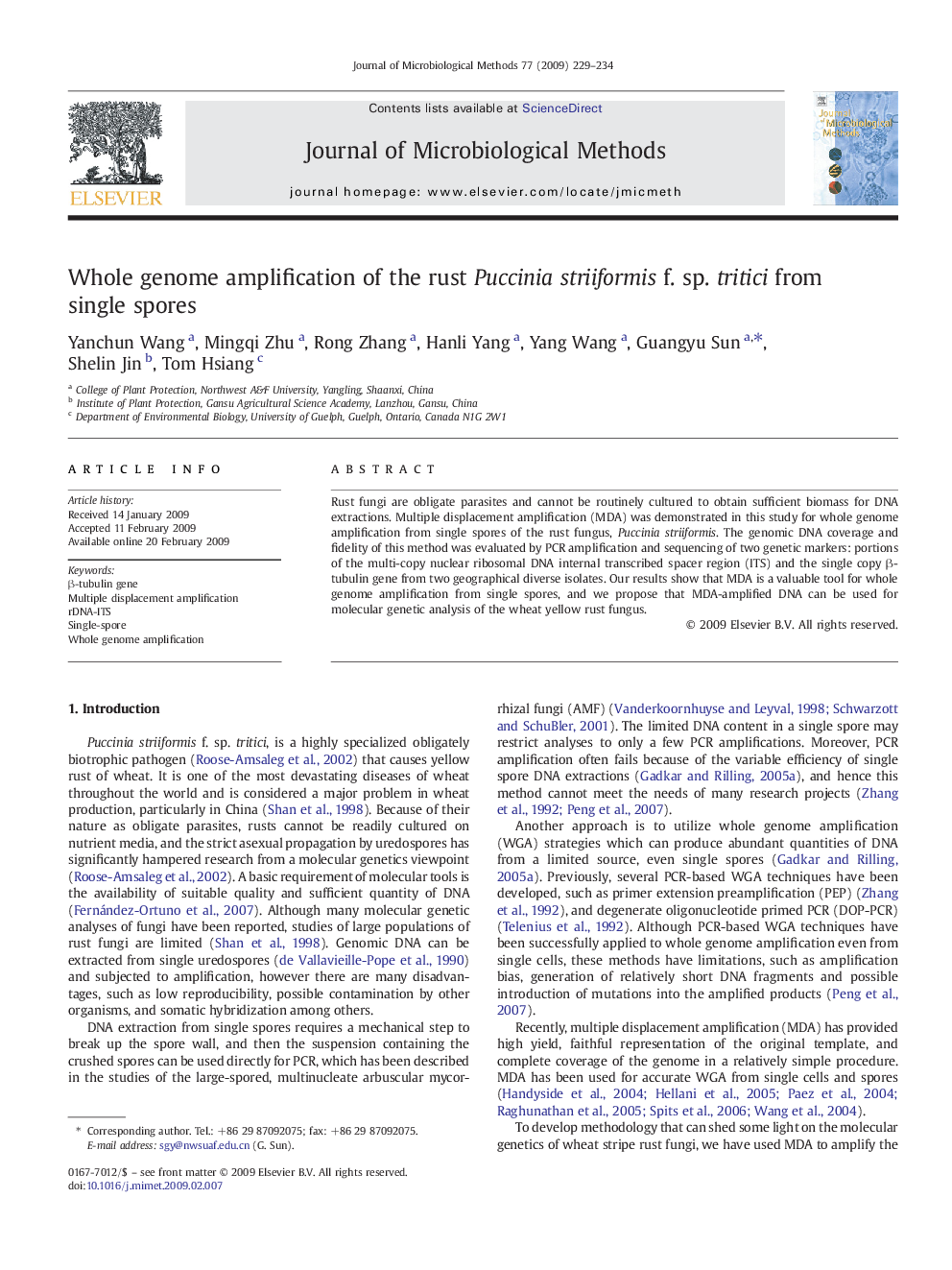 Whole genome amplification of the rust Puccinia striiformis f. sp. tritici from single spores