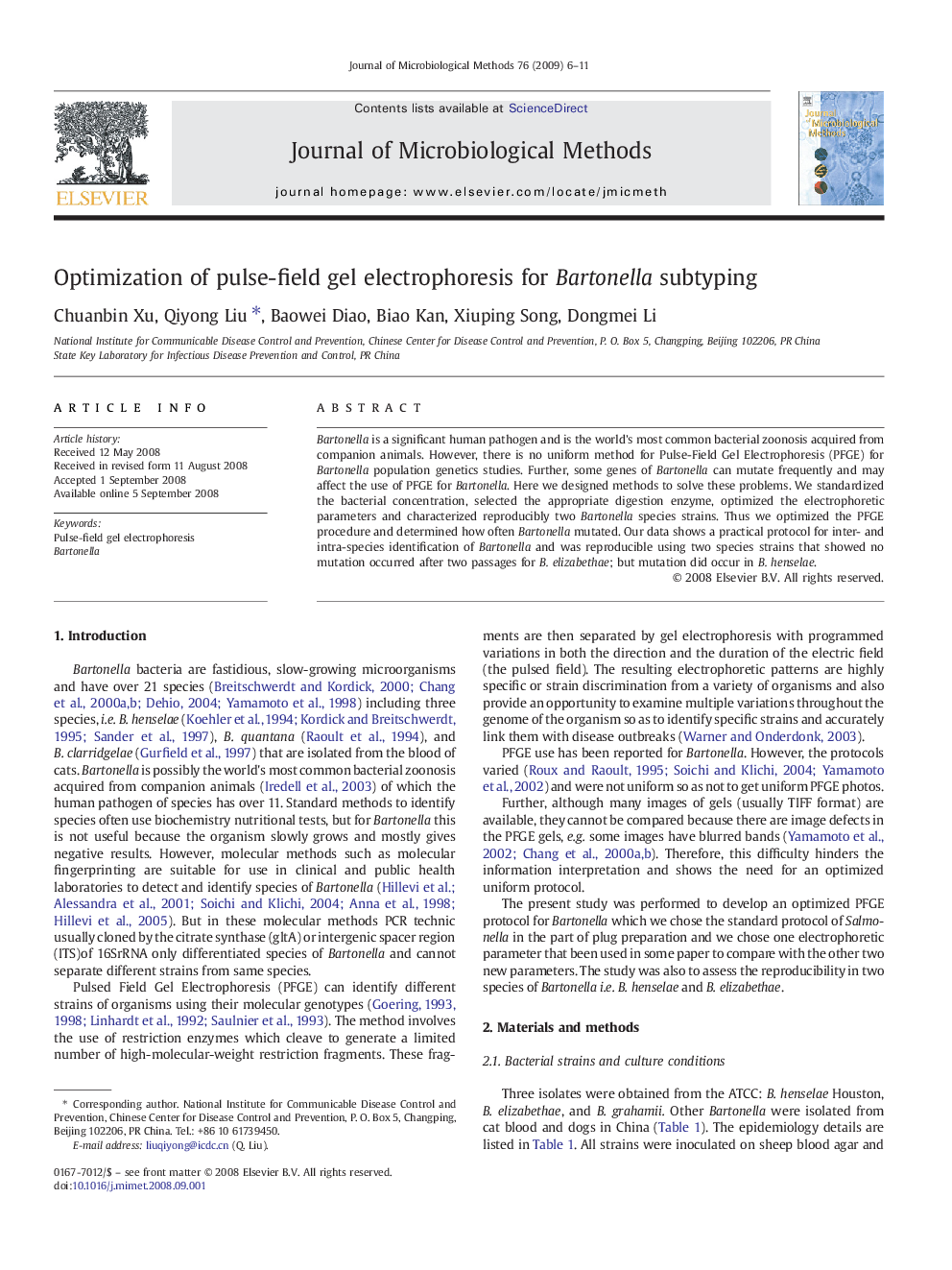 Optimization of pulse-field gel electrophoresis for Bartonella subtyping