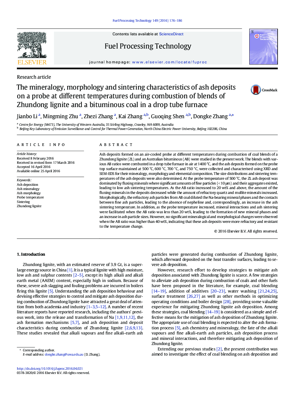 The mineralogy, morphology and sintering characteristics of ash deposits on a probe at different temperatures during combustion of blends of Zhundong lignite and a bituminous coal in a drop tube furnace