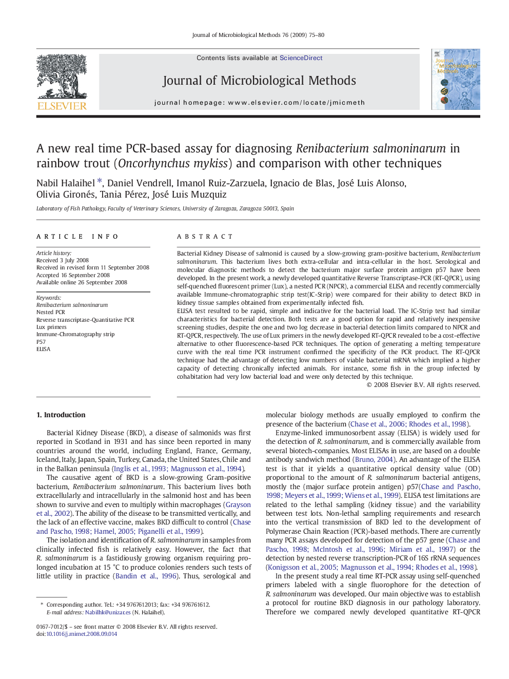 A new real time PCR-based assay for diagnosing Renibacterium salmoninarum in rainbow trout (Oncorhynchus mykiss) and comparison with other techniques