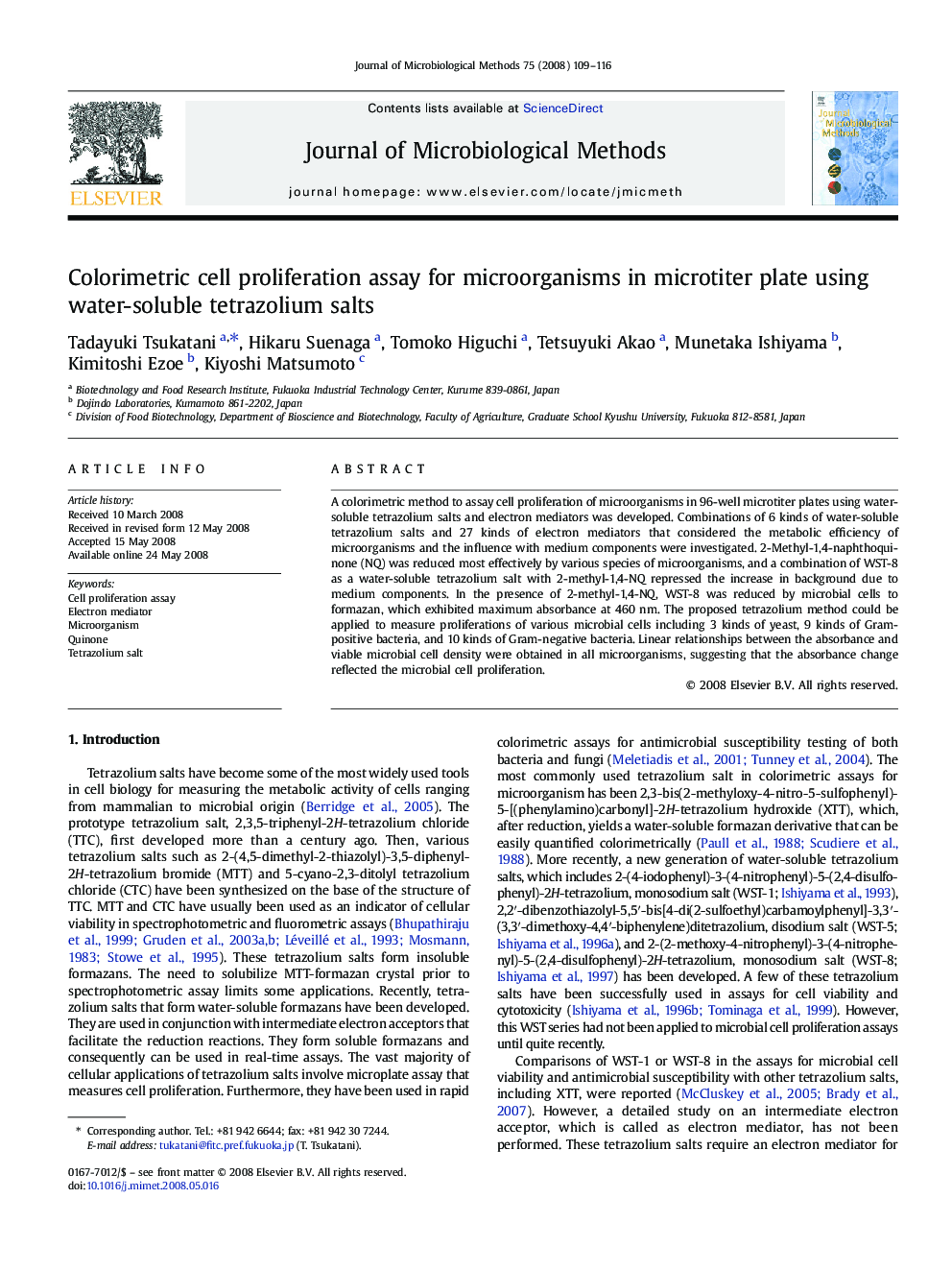 Colorimetric cell proliferation assay for microorganisms in microtiter plate using water-soluble tetrazolium salts