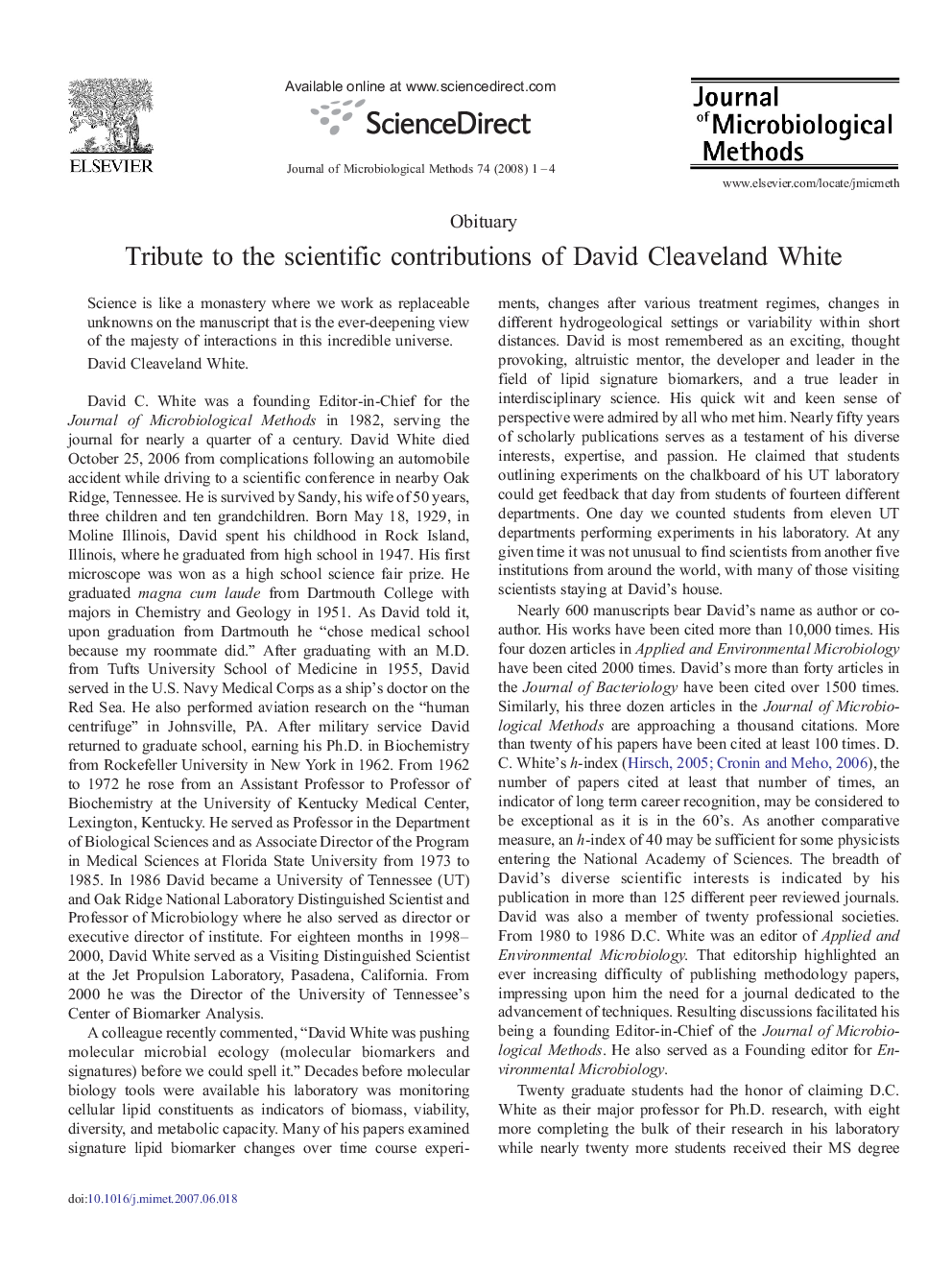 Tribute to the scientific contributions of David Cleaveland White