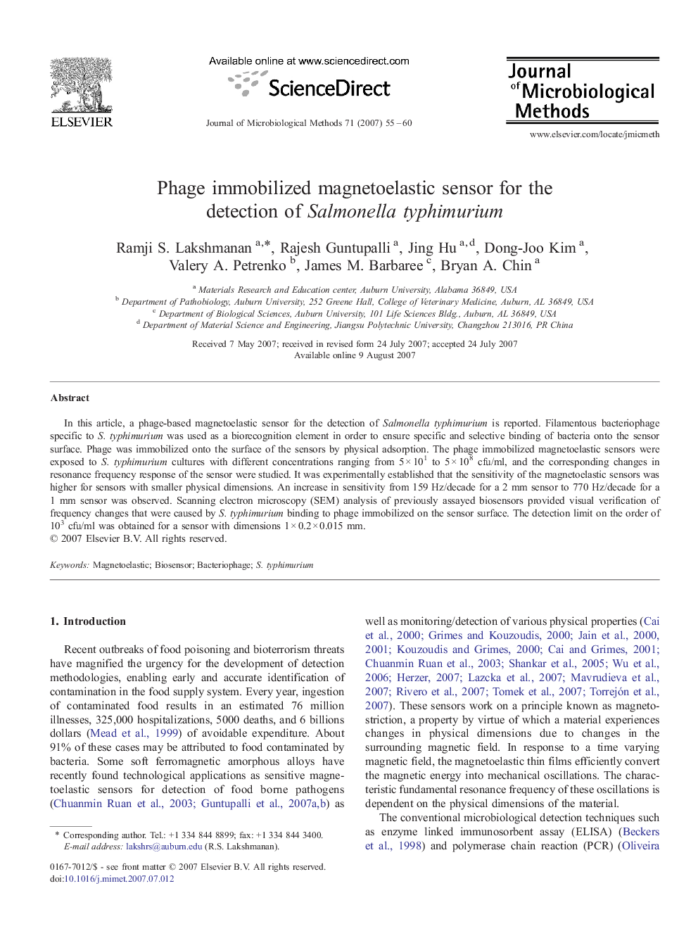 Phage immobilized magnetoelastic sensor for the detection of Salmonella typhimurium