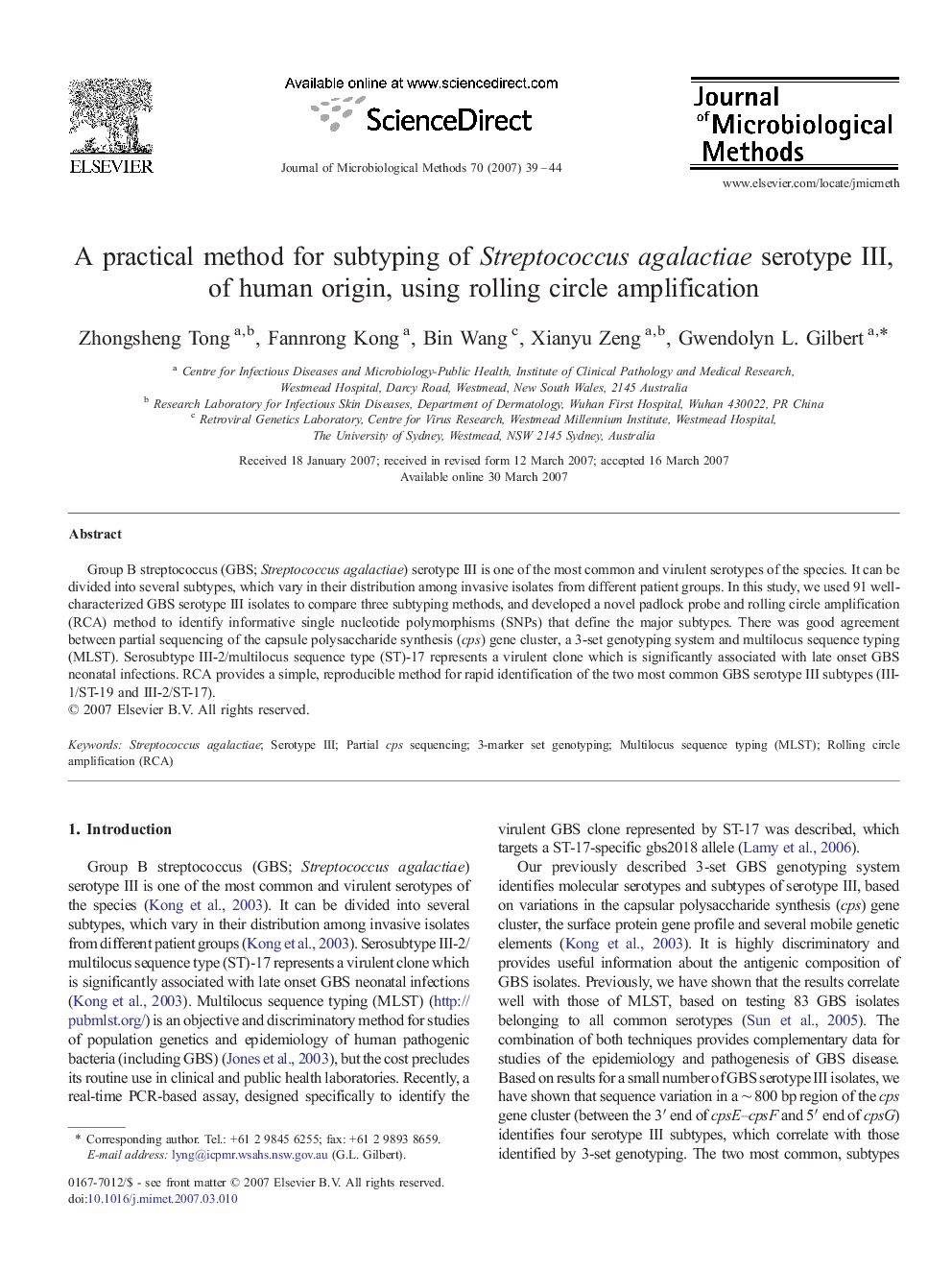 A practical method for subtyping of Streptococcus agalactiae serotype III, of human origin, using rolling circle amplification