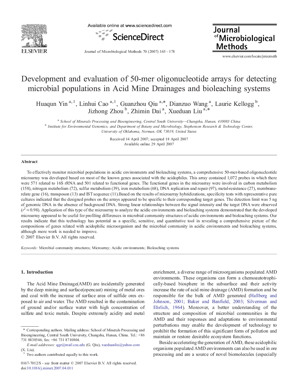 Development and evaluation of 50-mer oligonucleotide arrays for detecting microbial populations in Acid Mine Drainages and bioleaching systems