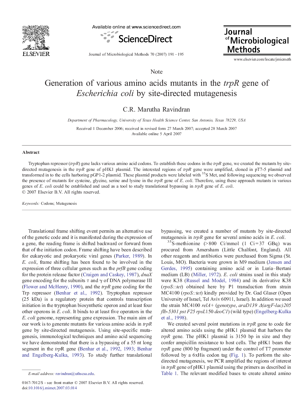 Generation of various amino acids mutants in the trpR gene of Escherichia coli by site-directed mutagenesis