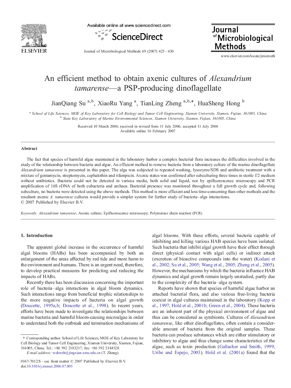 An efficient method to obtain axenic cultures of Alexandrium tamarense—a PSP-producing dinoflagellate