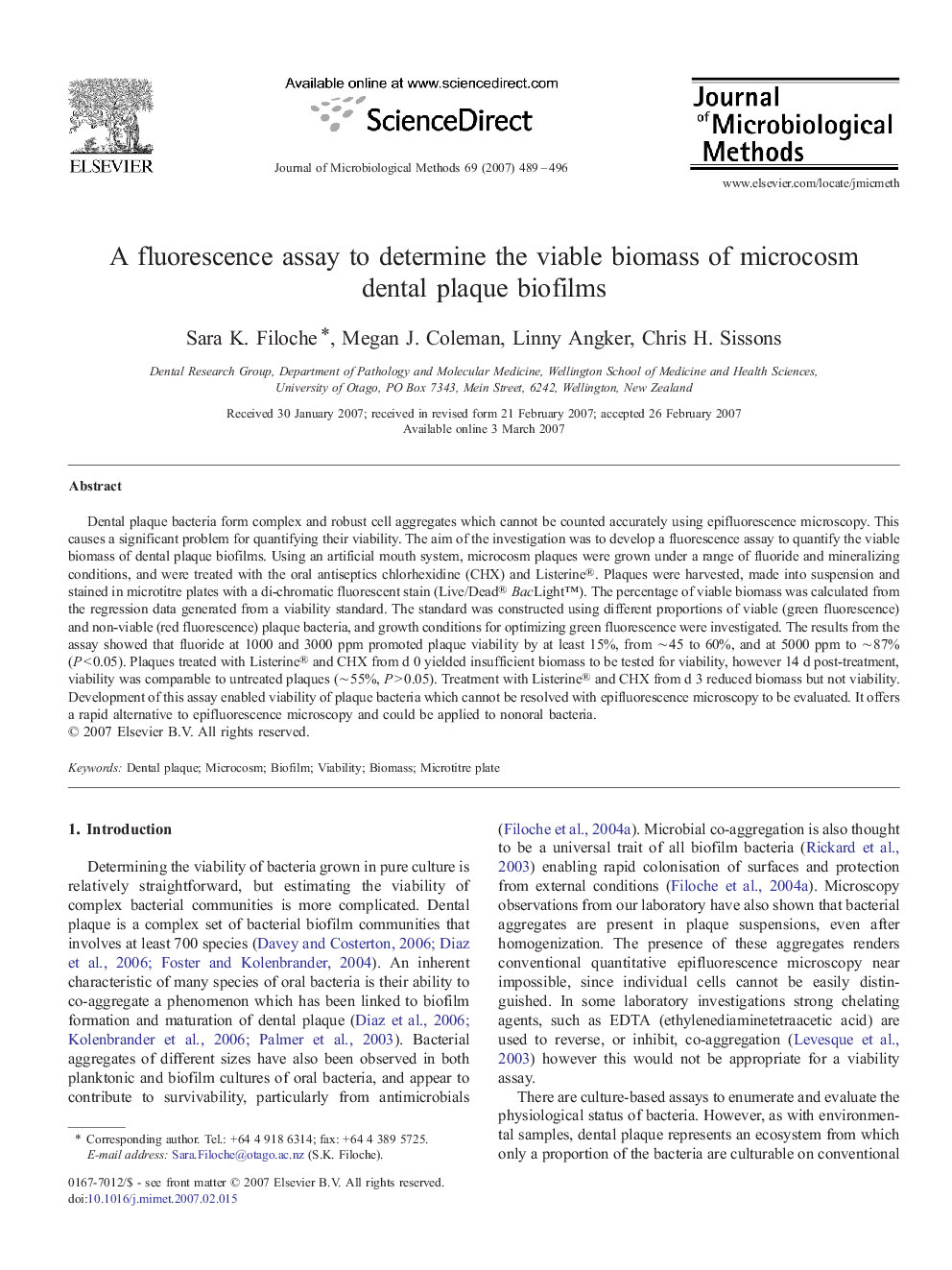 A fluorescence assay to determine the viable biomass of microcosm dental plaque biofilms