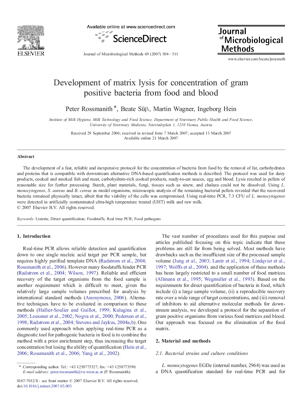 Development of matrix lysis for concentration of gram positive bacteria from food and blood