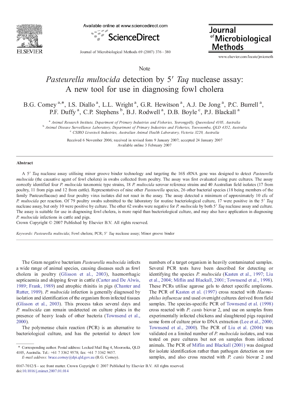 Pasteurella multocida detection by 5′ Taq nuclease assay: A new tool for use in diagnosing fowl cholera