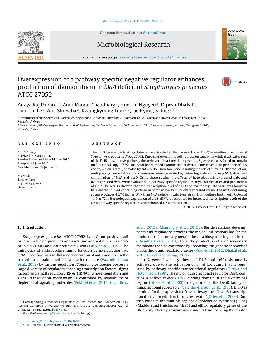 بیان بیش از حد یک رگولاتور منفی خاص مسیر، باعث افزایش تولید دونوروبیسین در Streptomyces peucetius ATCC 27952 کمبود bldA می شود