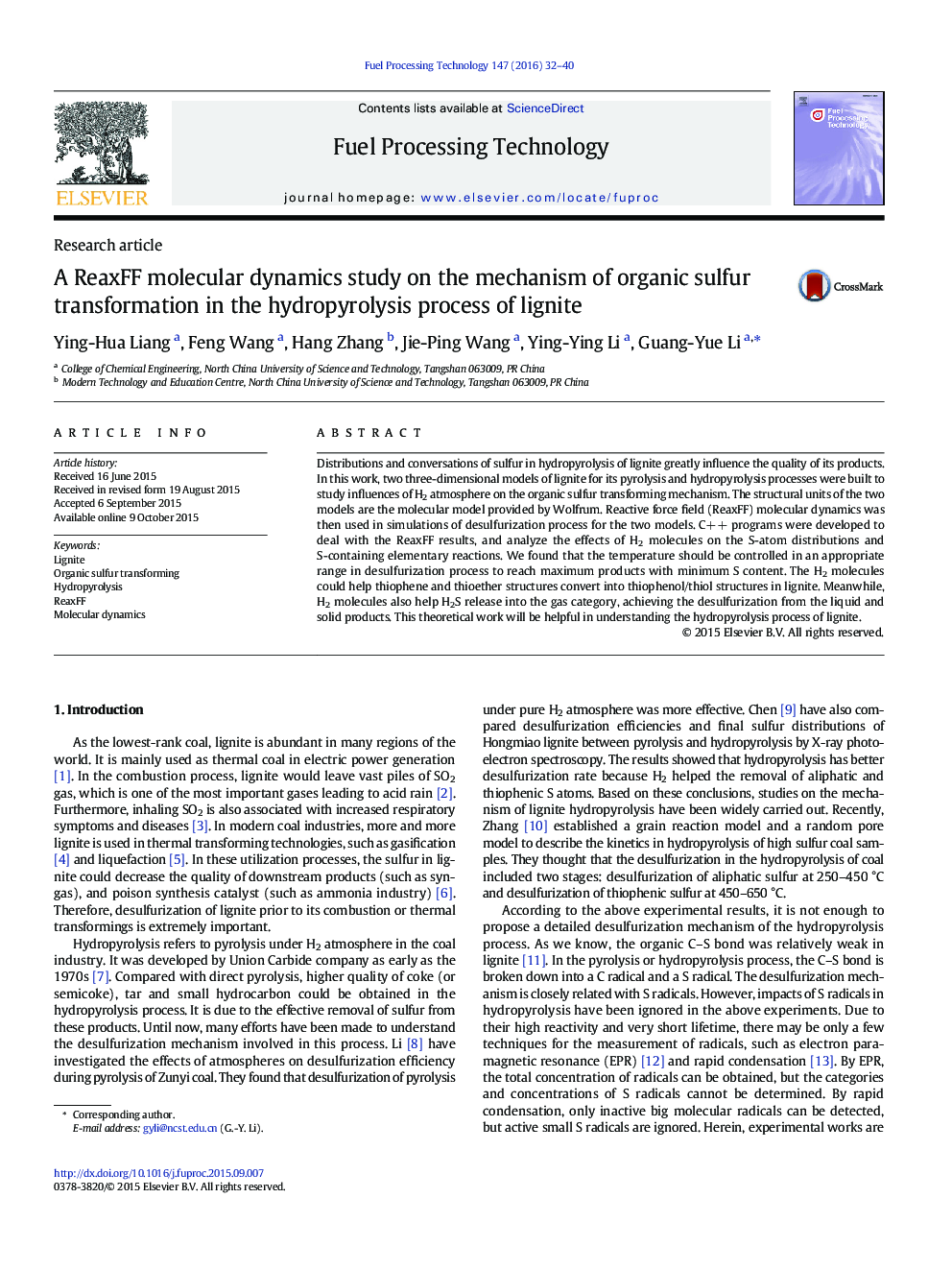 A ReaxFF molecular dynamics study on the mechanism of organic sulfur transformation in the hydropyrolysis process of lignite