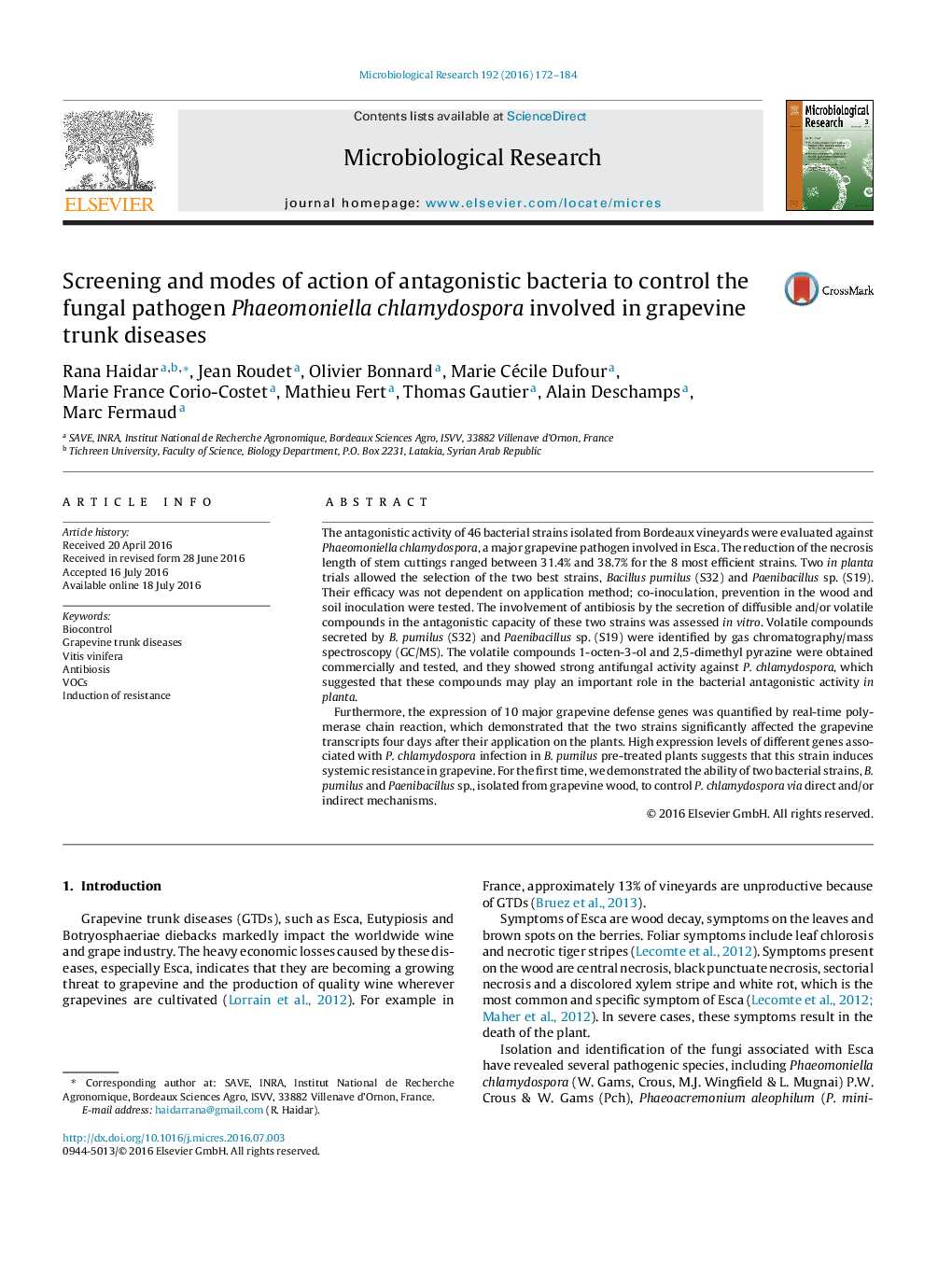 Screening and modes of action of antagonistic bacteria to control the fungal pathogen Phaeomoniella chlamydospora involved in grapevine trunk diseases