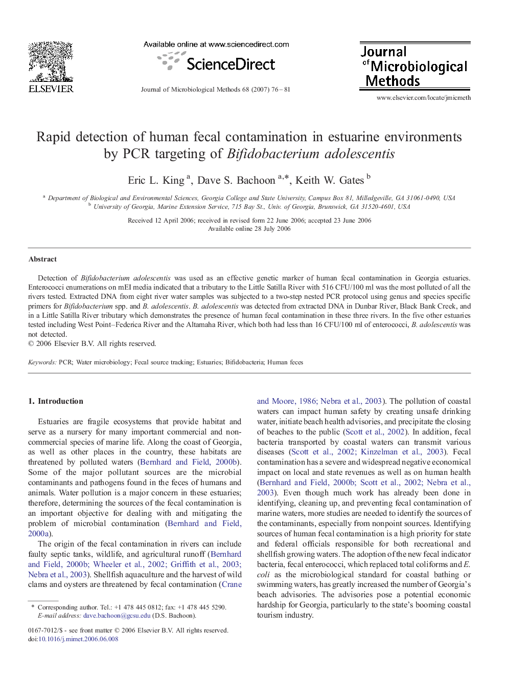 Rapid detection of human fecal contamination in estuarine environments by PCR targeting of Bifidobacterium adolescentis