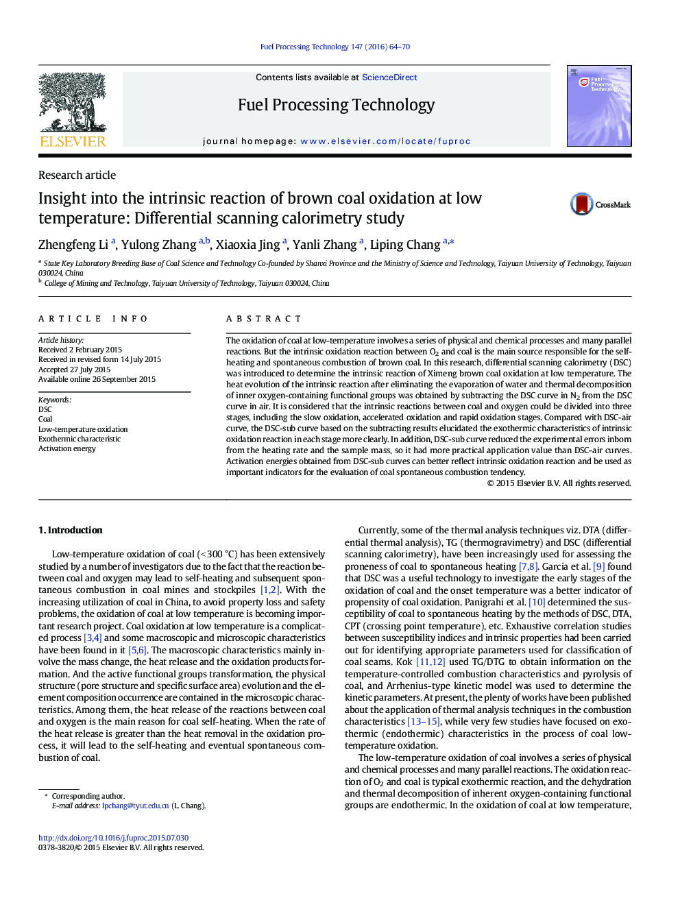 Insight into the intrinsic reaction of brown coal oxidation at low temperature: Differential scanning calorimetry study