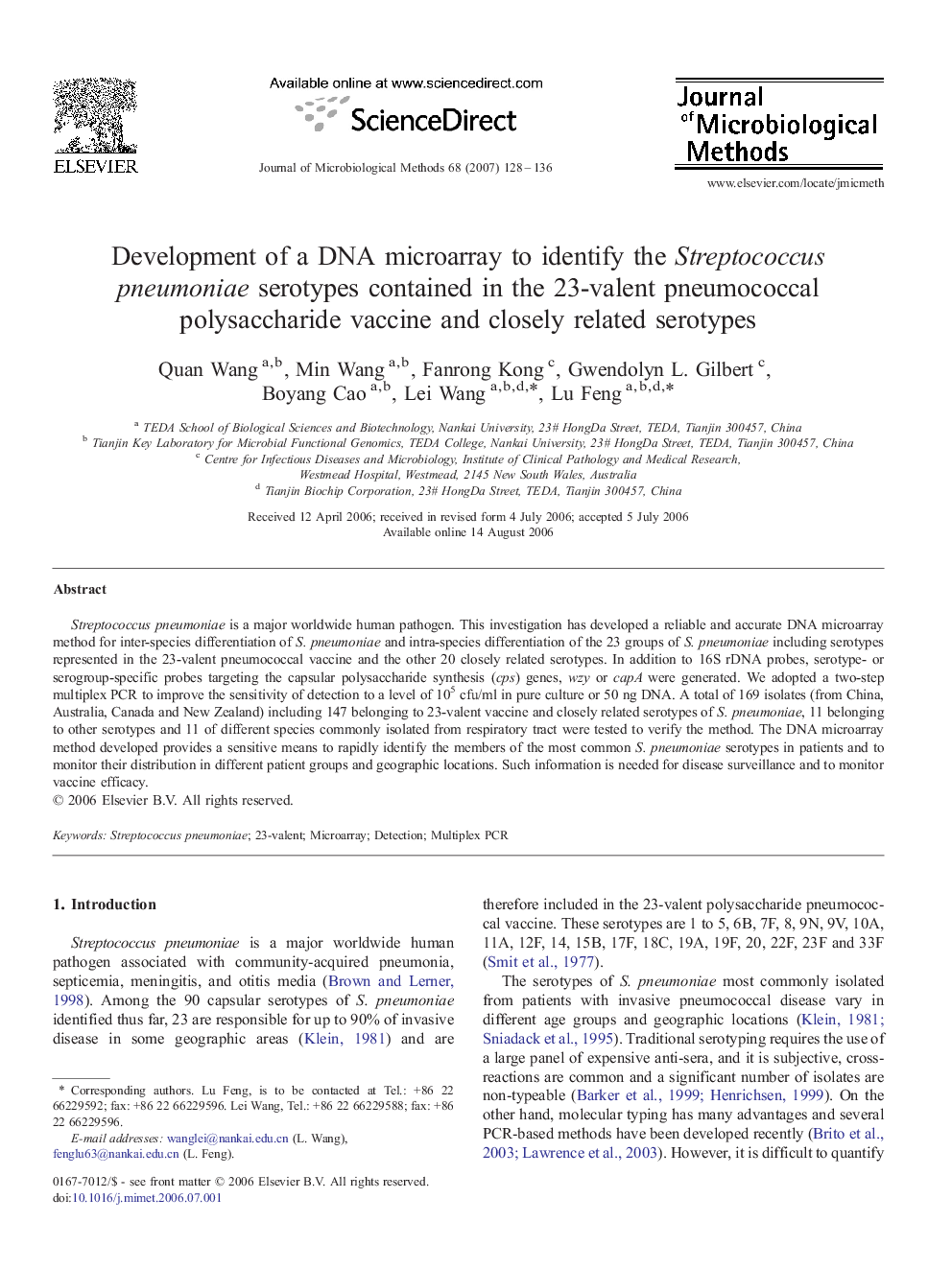 Development of a DNA microarray to identify the Streptococcus pneumoniae serotypes contained in the 23-valent pneumococcal polysaccharide vaccine and closely related serotypes