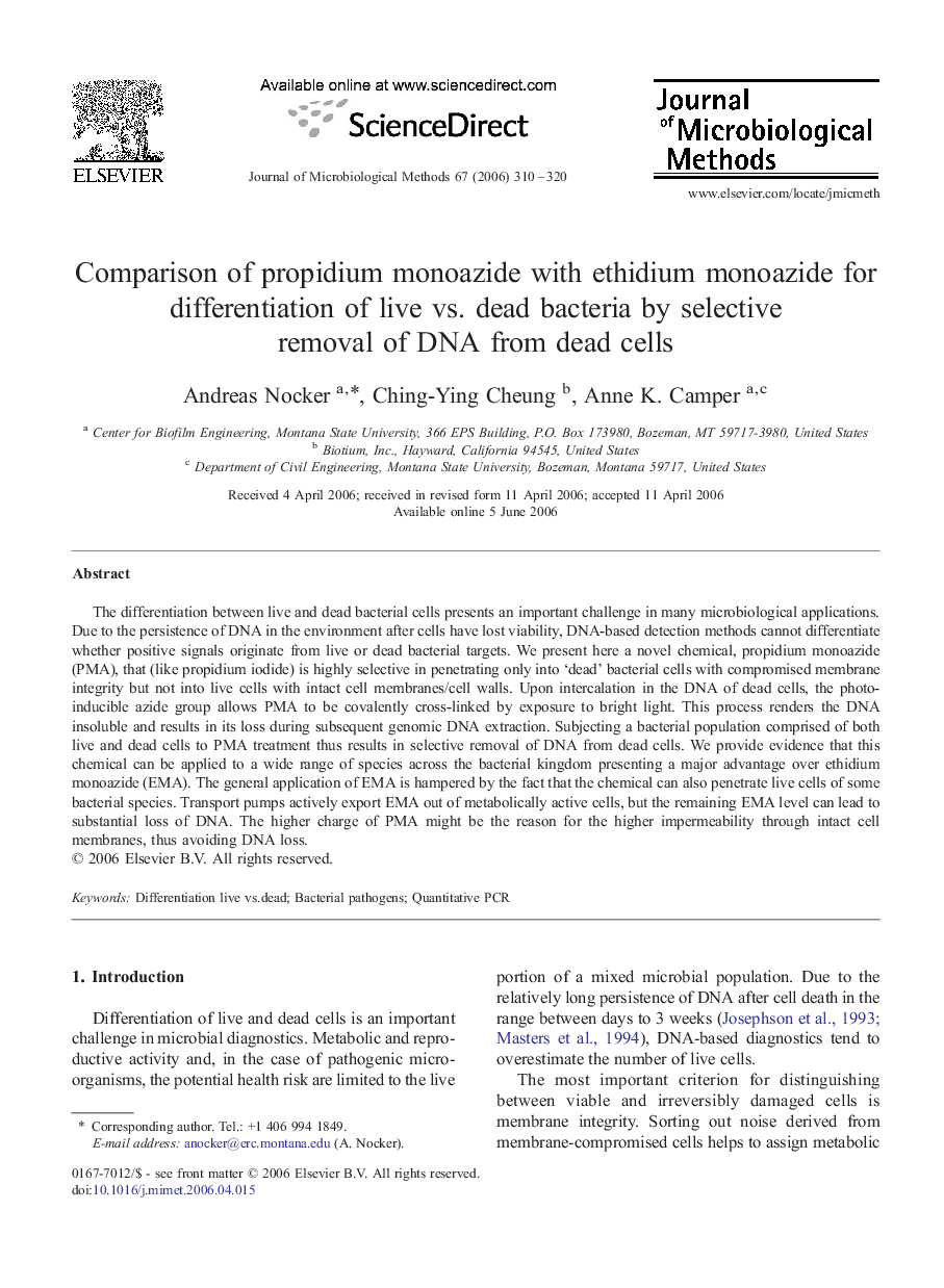 Comparison of propidium monoazide with ethidium monoazide for differentiation of live vs. dead bacteria by selective removal of DNA from dead cells