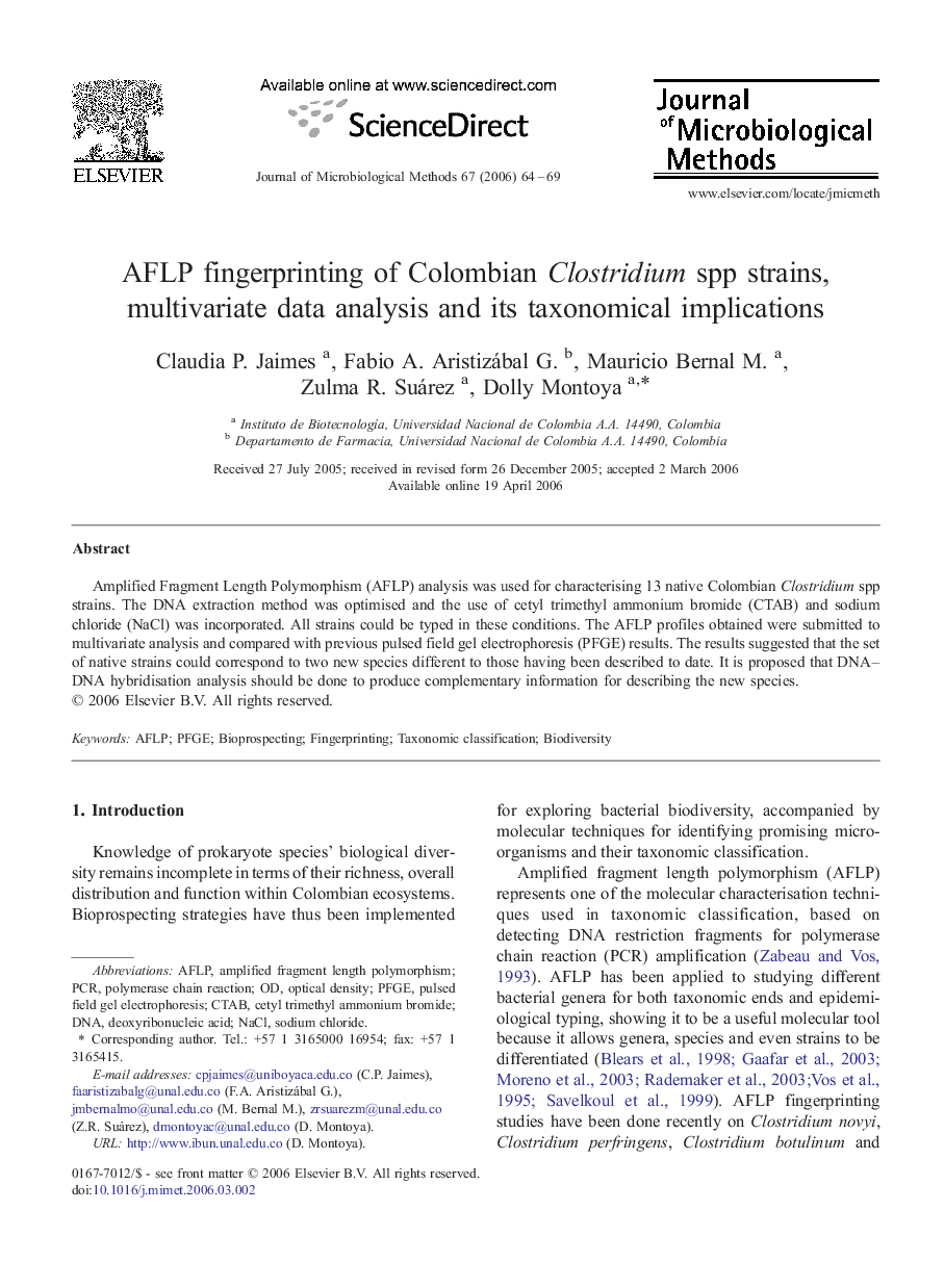 AFLP fingerprinting of Colombian Clostridium spp strains, multivariate data analysis and its taxonomical implications