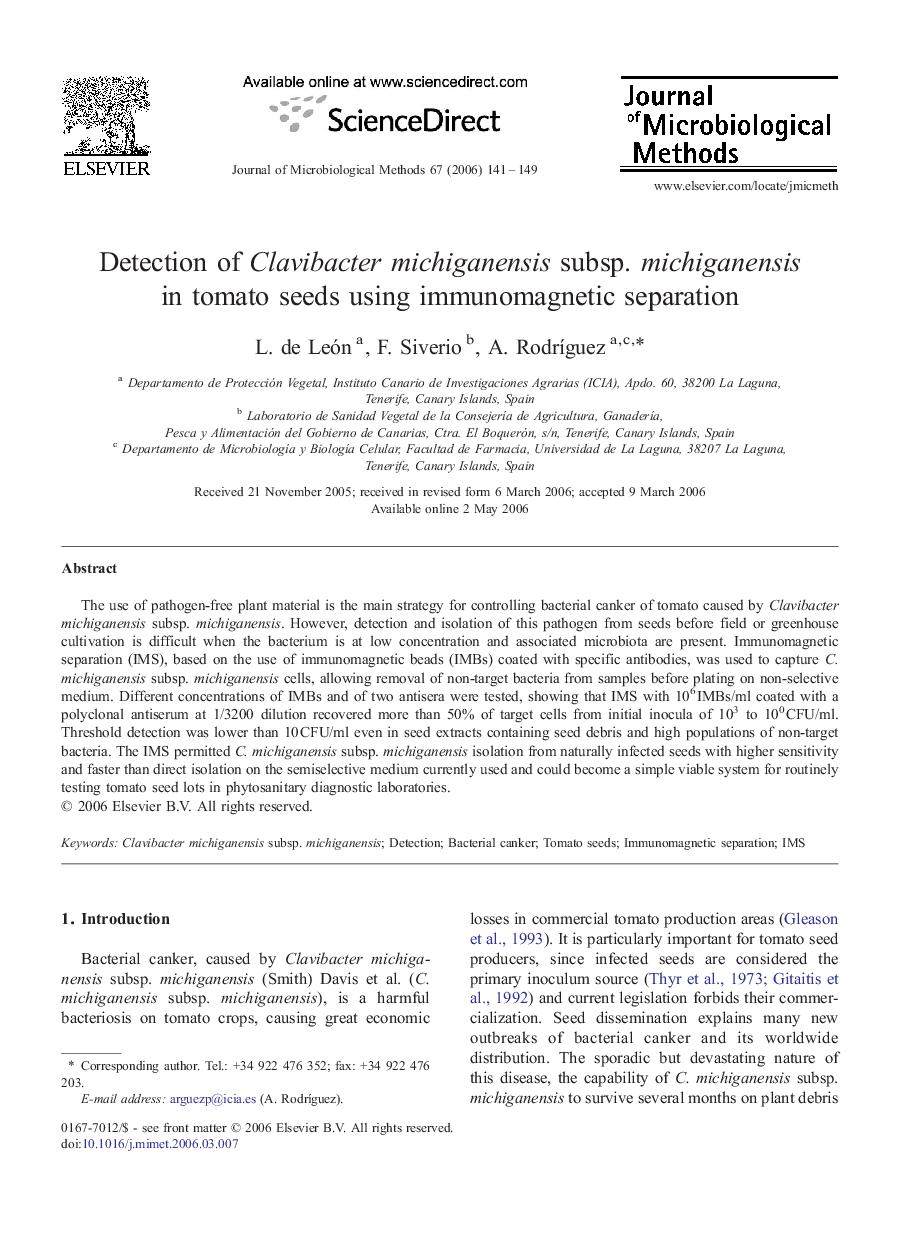 Detection of Clavibacter michiganensis subsp. michiganensis in tomato seeds using immunomagnetic separation