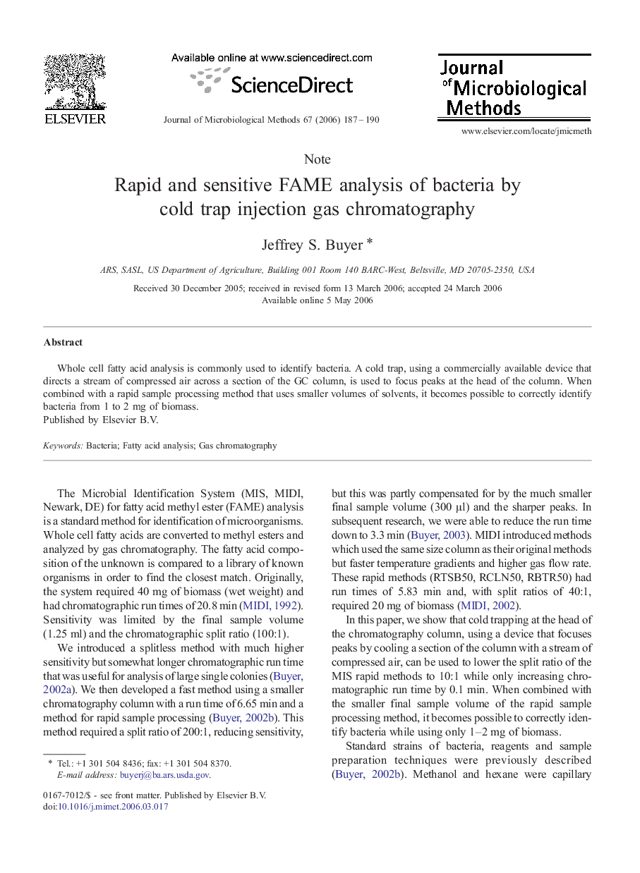 Rapid and sensitive FAME analysis of bacteria by cold trap injection gas chromatography