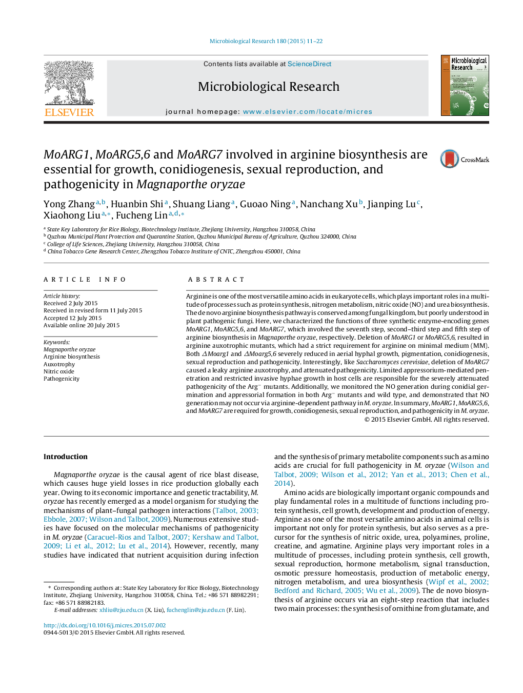 MoARG1, MoARG5,6 and MoARG7 involved in arginine biosynthesis are essential for growth, conidiogenesis, sexual reproduction, and pathogenicity in Magnaporthe oryzae