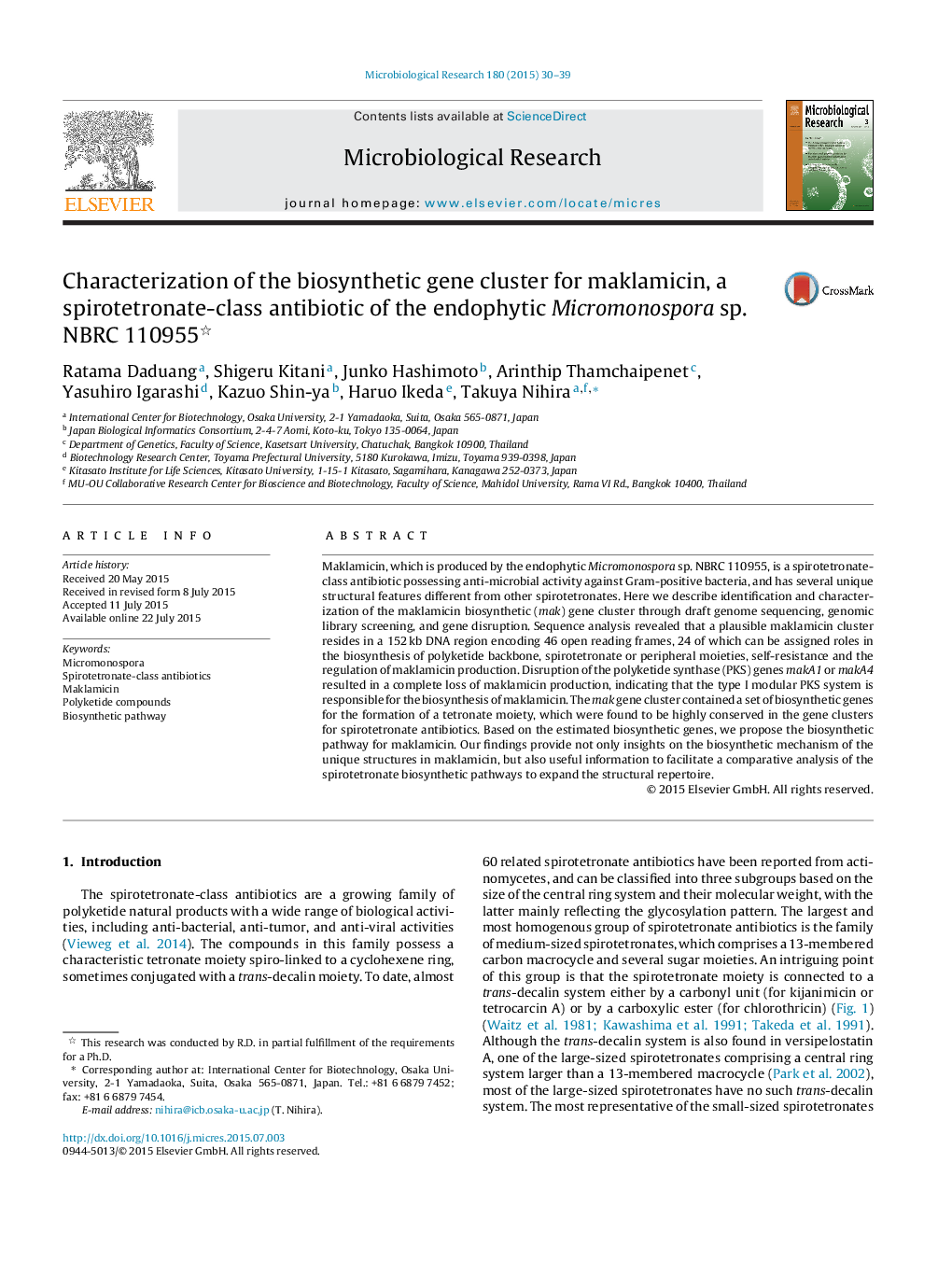 Characterization of the biosynthetic gene cluster for maklamicin, a spirotetronate-class antibiotic of the endophytic Micromonospora sp. NBRC 110955 