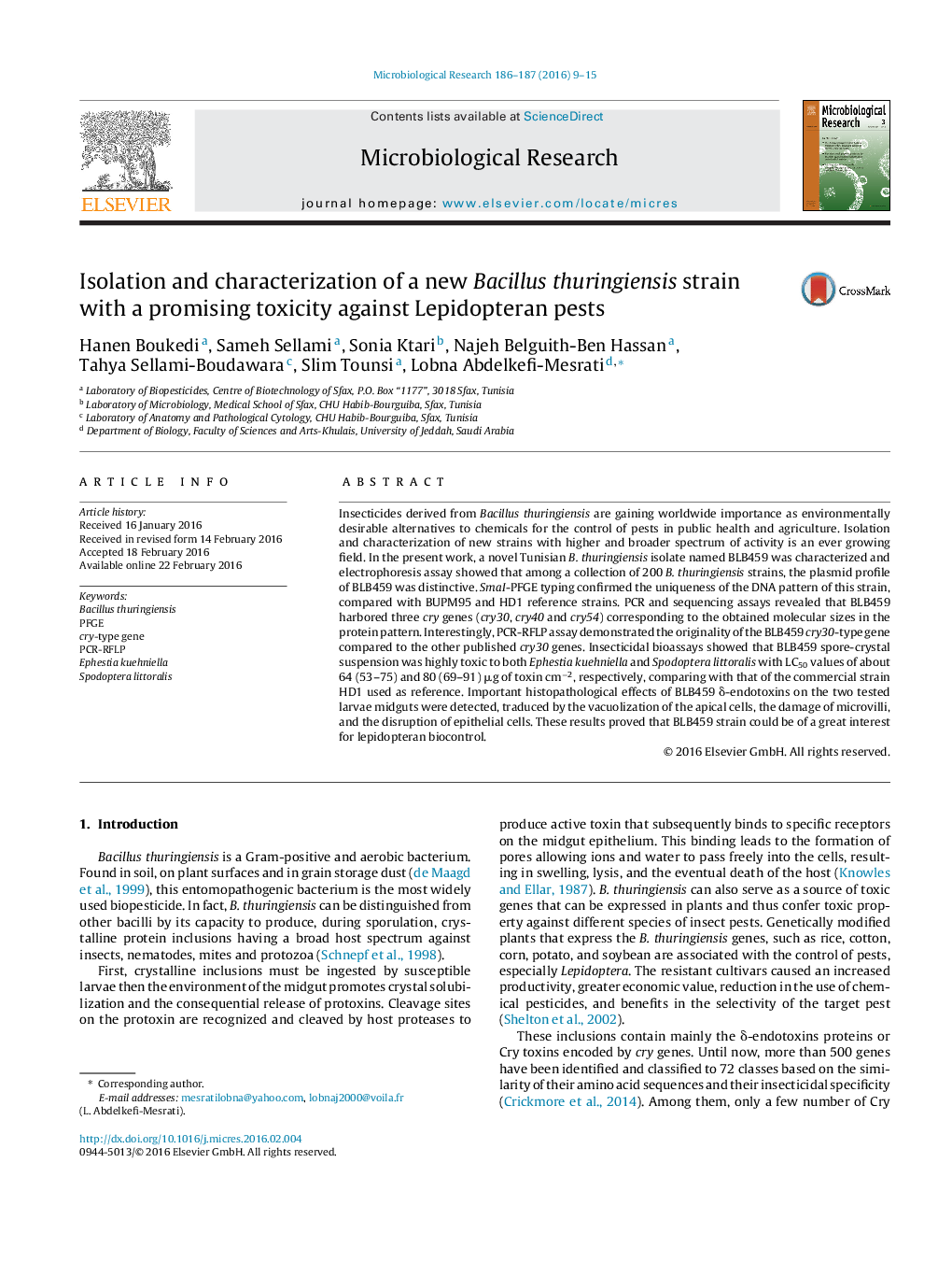 Isolation and characterization of a new Bacillus thuringiensis strain with a promising toxicity against Lepidopteran pests