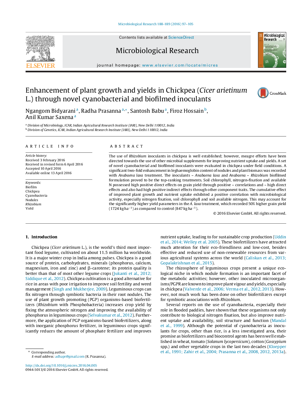 Enhancement of plant growth and yields in Chickpea (Cicer arietinum L.) through novel cyanobacterial and biofilmed inoculants