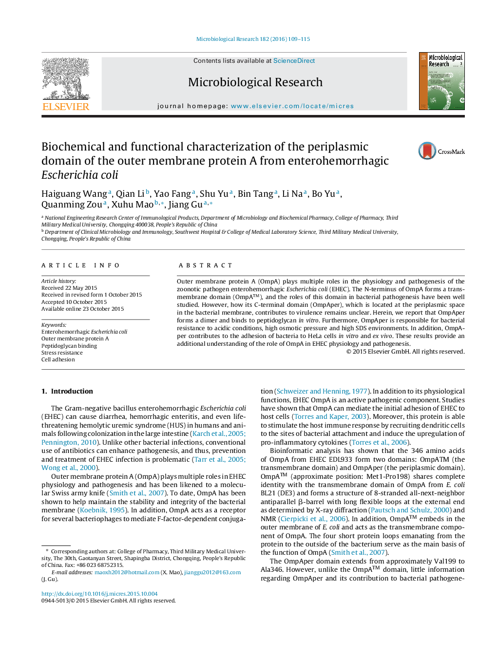 Biochemical and functional characterization of the periplasmic domain of the outer membrane protein A from enterohemorrhagic Escherichia coli