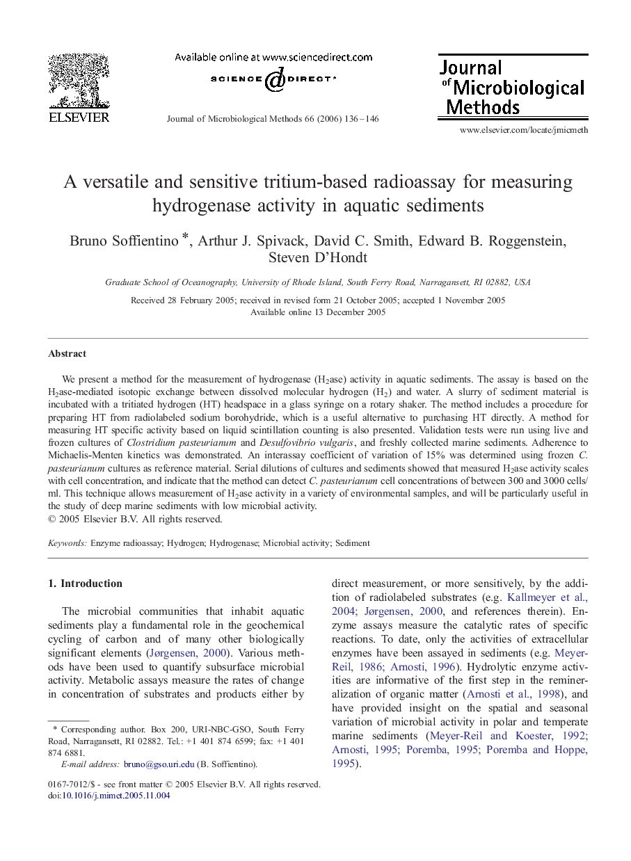 A versatile and sensitive tritium-based radioassay for measuring hydrogenase activity in aquatic sediments