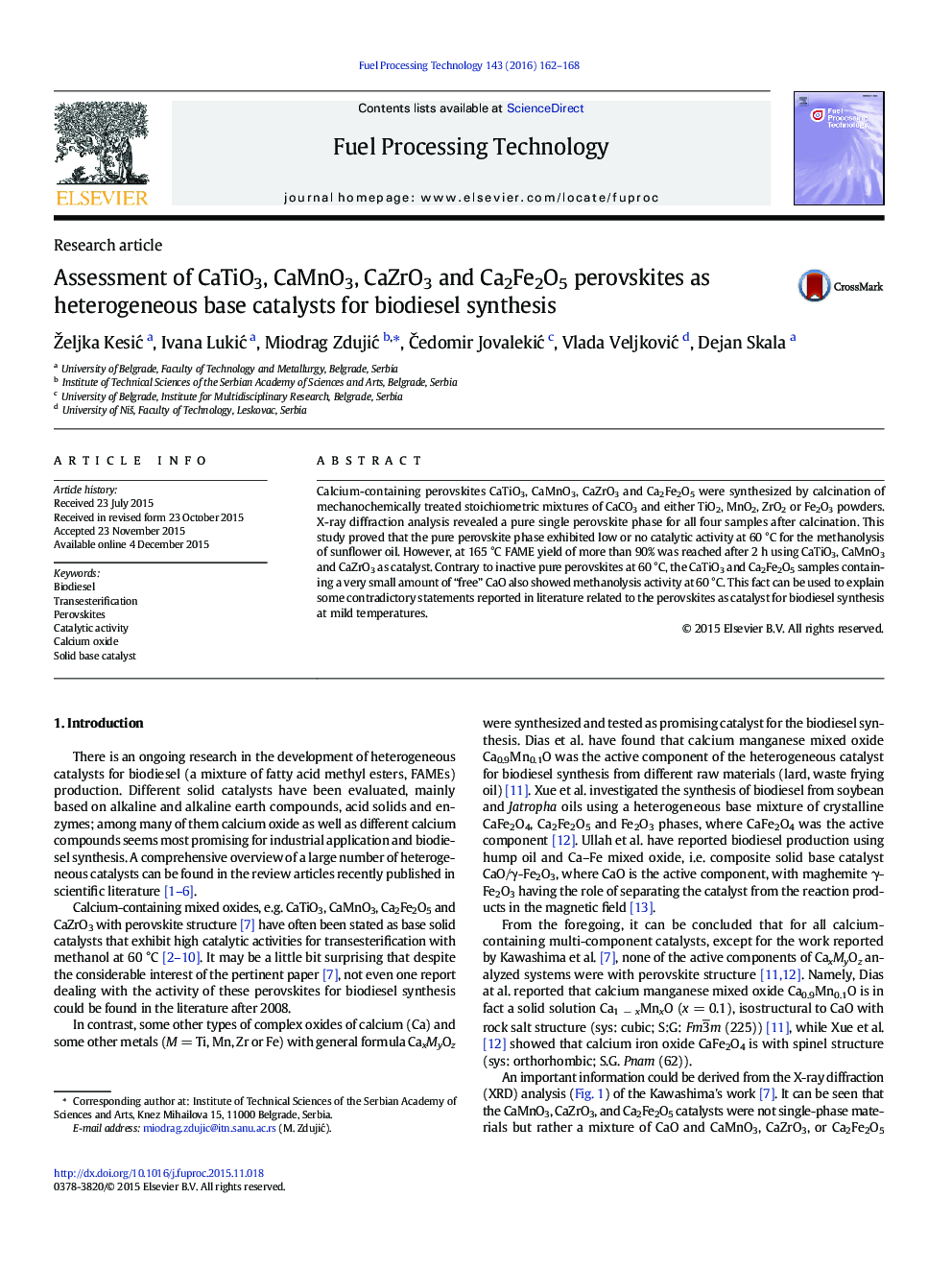 Assessment of CaTiO3, CaMnO3, CaZrO3 and Ca2Fe2O5 perovskites as heterogeneous base catalysts for biodiesel synthesis