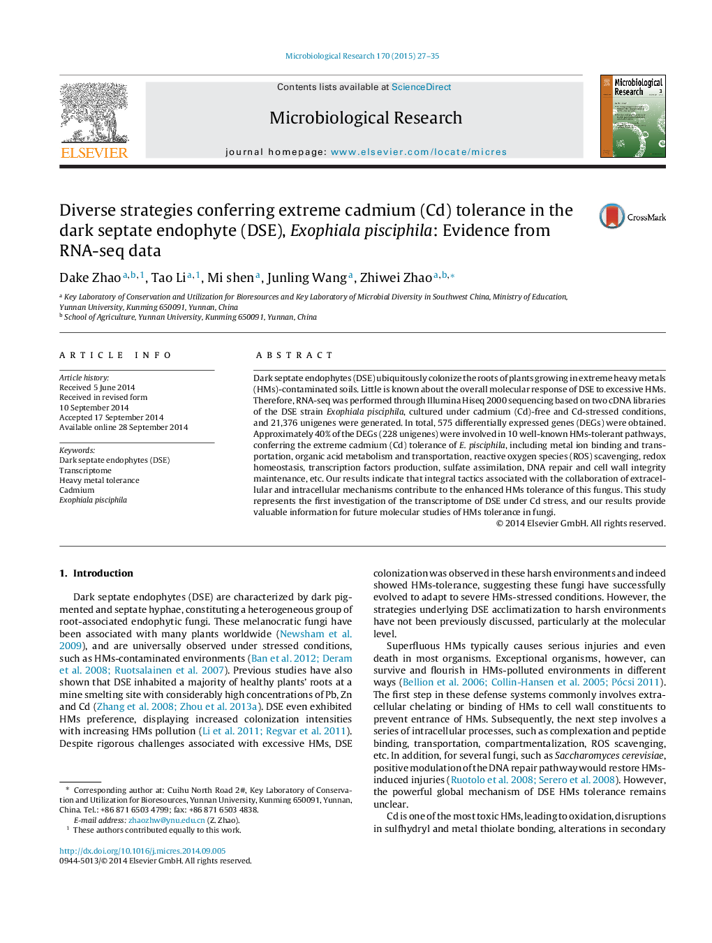 Diverse strategies conferring extreme cadmium (Cd) tolerance in the dark septate endophyte (DSE), Exophiala pisciphila: Evidence from RNA-seq data